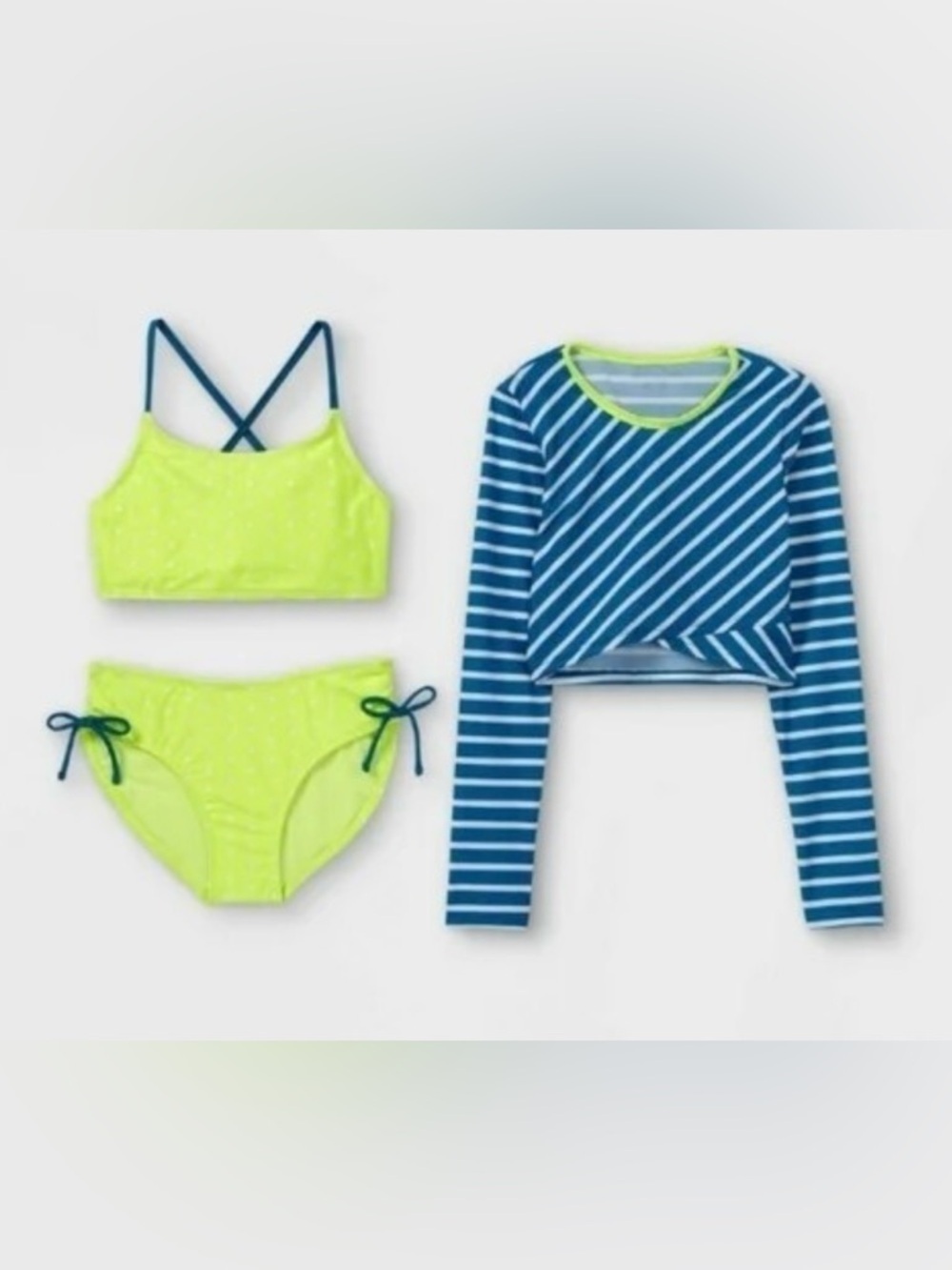 NWT - Cat & Jack Neon Yellow Bikini Set with Blue Striped Rash Guard